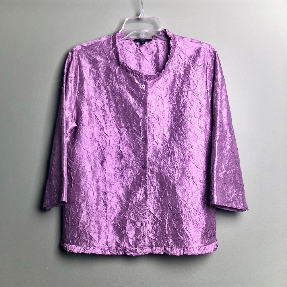 Eileen Fisher Purple Crinkled Silk Button-up Top